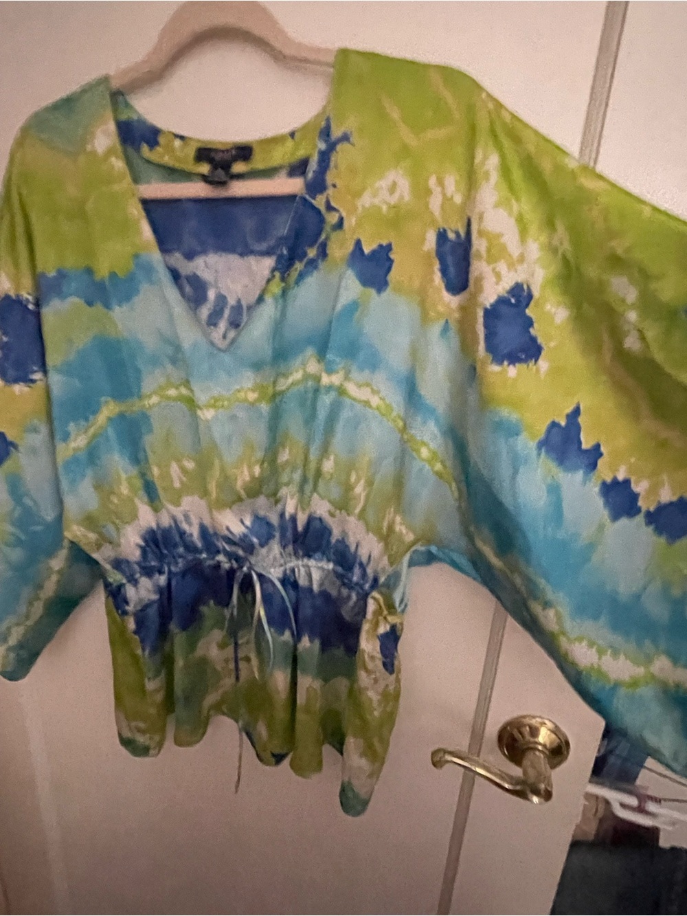 Chaps V-Neck Tie-Dye Drawstring Tunic - Lime Green & Blue